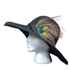 Cynthia Rowley Wool Black Fedora Cloche Wide Brim Peacock Feathers bohemian Hat